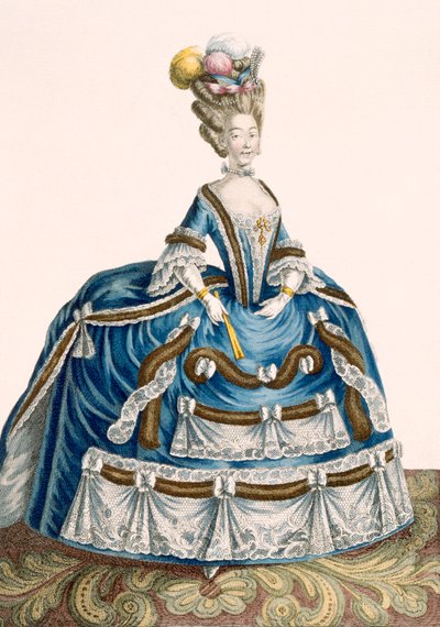 Abito di corte elaborato da donna, decorato con festoni e pizzi, inciso da Voysard, tavola n.46 da 